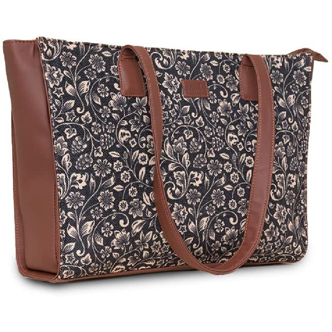 Zouk Flomotif Floral Printed Jute Handcrafted Vegan Leather Women's Black Structured Tote Bag Contemporary