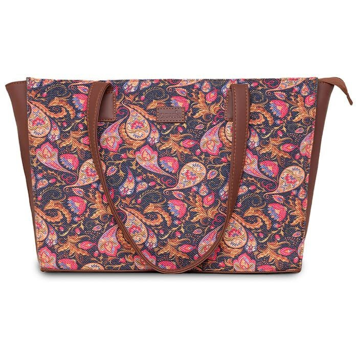 Zouk Paisley Printed Jute Handcrafted Vegan Leather Women's Pink Structured Tote Bag