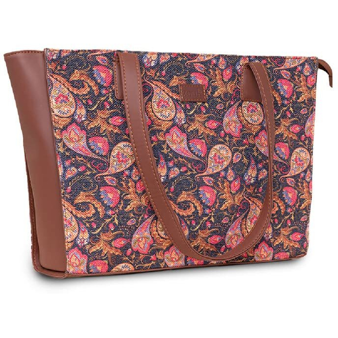 Zouk Paisley Printed Jute Handcrafted Vegan Leather Women's Pink Structured Tote Bag