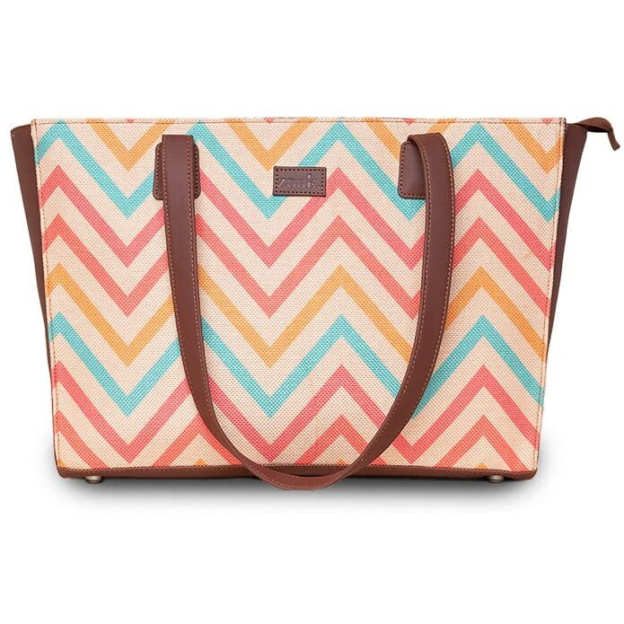 Zouk Wavbeach Wave Printed Jute Handcrafted Vegan Leather Women's Multicolor Structured Tote Bag Contemporary
