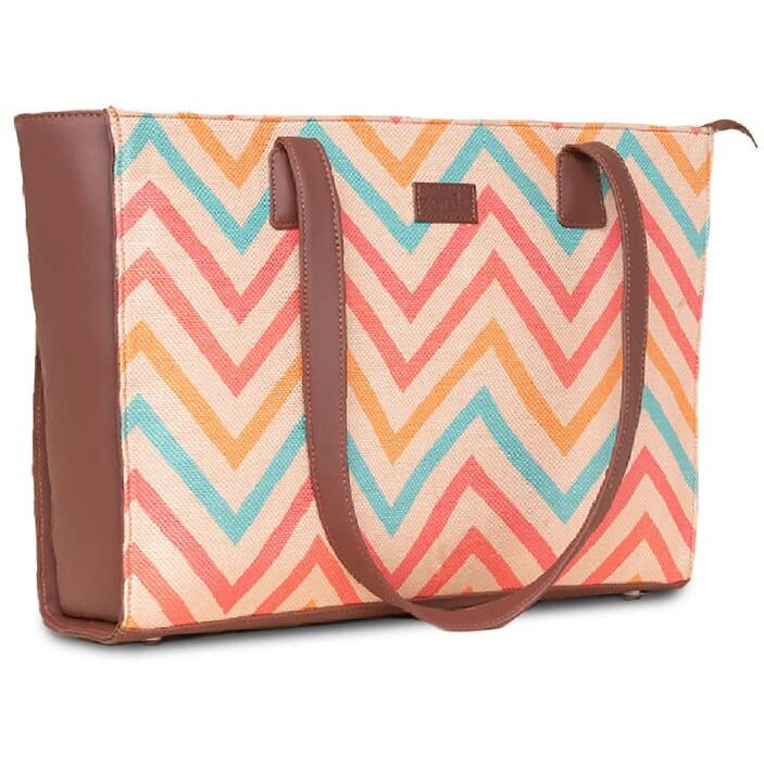 Zouk Wavbeach Wave Printed Jute Handcrafted Vegan Leather Women's Multicolor Structured Tote Bag Contemporary