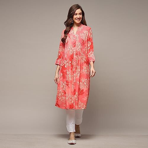 Biba Rayon Women Printed Straight Kurta(Retrofl19196_Coral_Large)