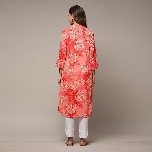 Biba Rayon Women Printed Straight Kurta(Retrofl19196_Coral_Large)