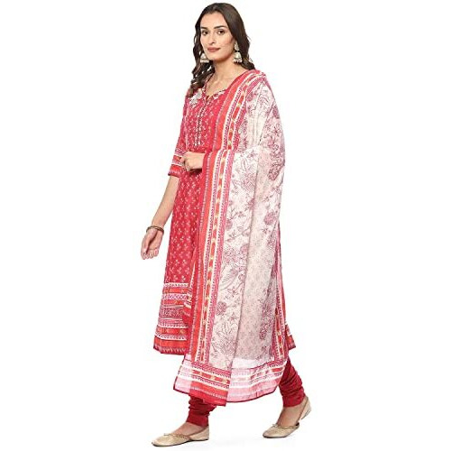 Biba Women Printed Fitted Salwar Kurta Dupatta(Skdassorted8618_Red_34)