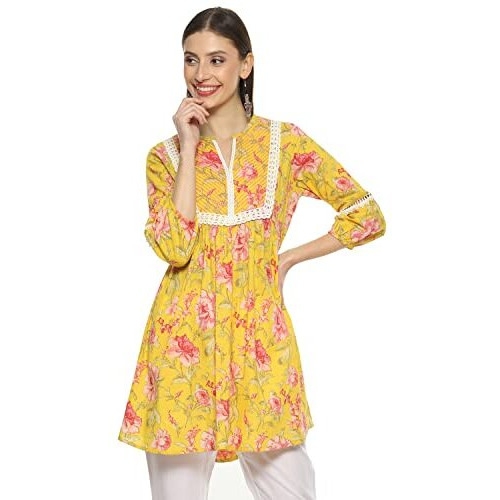 Biba Women Cotton Printed Regular Mix And Match Kurti(Roses An19176_Yellow_32)