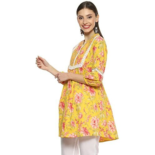 Biba Women Cotton Printed Regular Mix And Match Kurti(Roses An19176_Yellow_32)