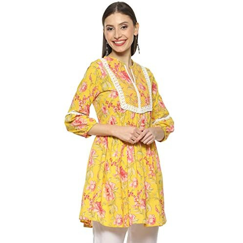 Biba Women Cotton Printed Regular Mix And Match Kurti(Roses An19176_Yellow_32)