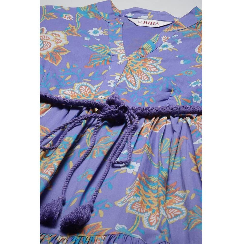 Biba Women's Lilac Cotton Tiered Printed Ankle-Length Dress