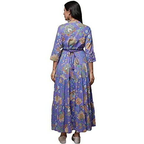 Biba Women's Lilac Cotton Tiered Printed Maxi Dress