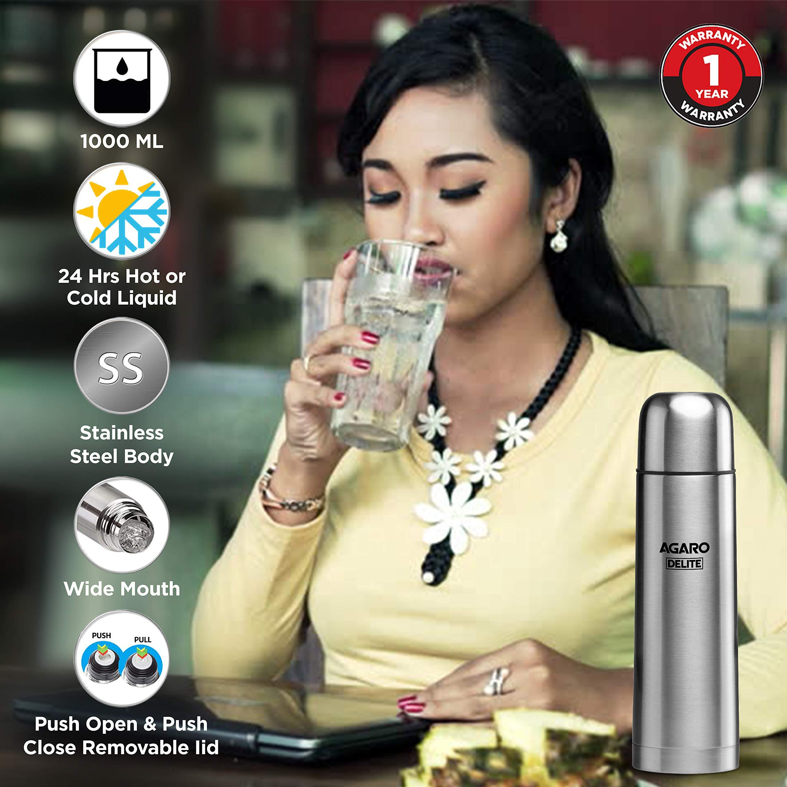Agaro Delight Stainless Steel Vacuum Flask, 1000Ml, Hot & Cold Up To 24 Hours, Double Walled Vacuum Insulated, Copper Coating Insulated, Flip Top Lid, Leak Proof, Grey.