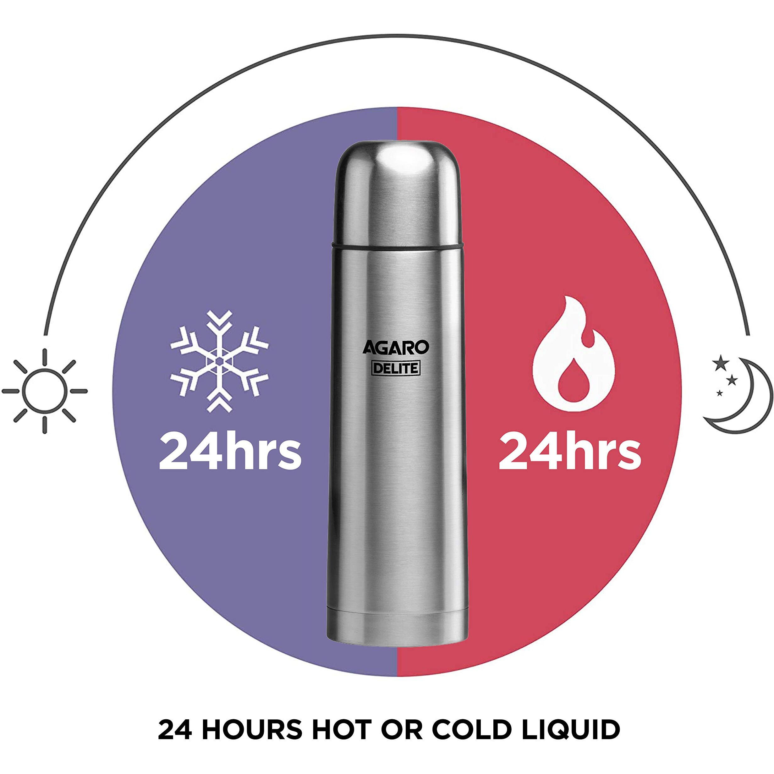 Agaro Delight Stainless Steel Vacuum Flask, 1000Ml, Hot & Cold Up To 24 Hours, Double Walled Vacuum Insulated, Copper Coating Insulated, Flip Top Lid, Leak Proof, Grey.