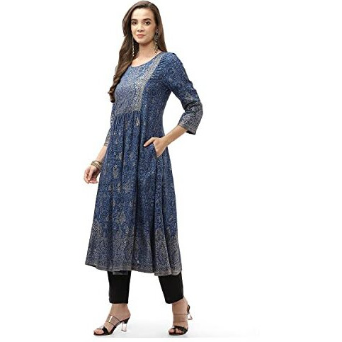 Biba Women Rayon Printed Regular Mix And Match Kurta(Ajrakh18416_Blue_36)