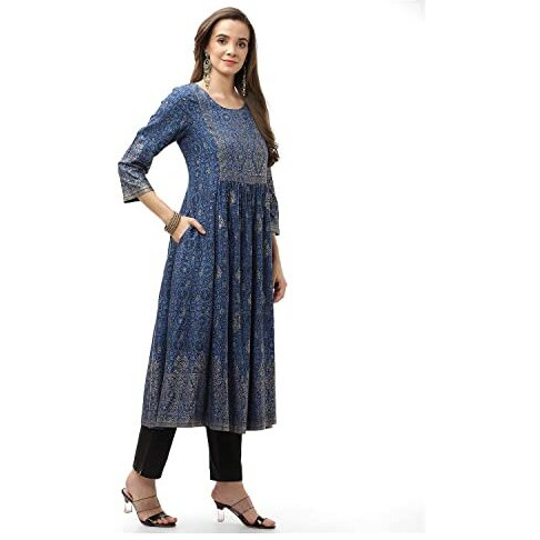 Biba Women Rayon Printed Regular Mix And Match Kurta(Ajrakh18416_Blue_36)
