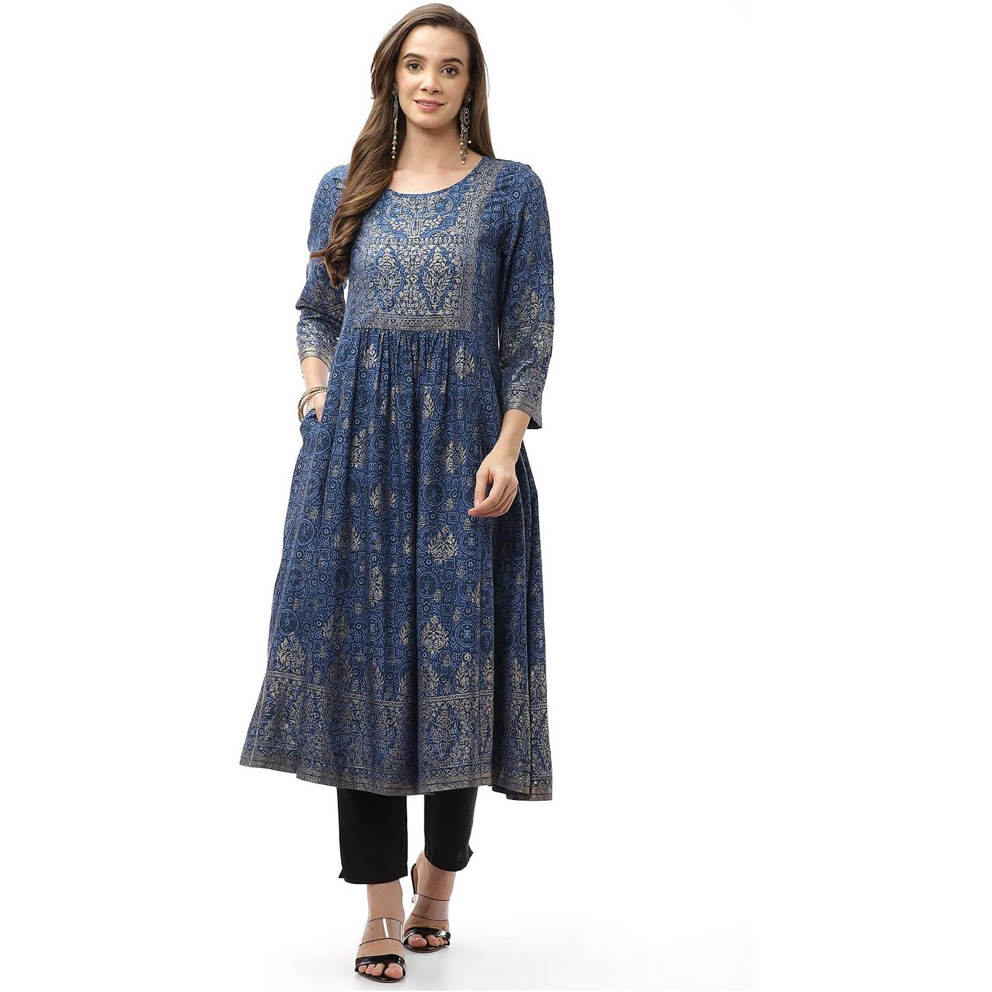 Biba Women Rayon Printed Regular Fit Mix And Match Kurta(Ajrakh18416_Blue_38)