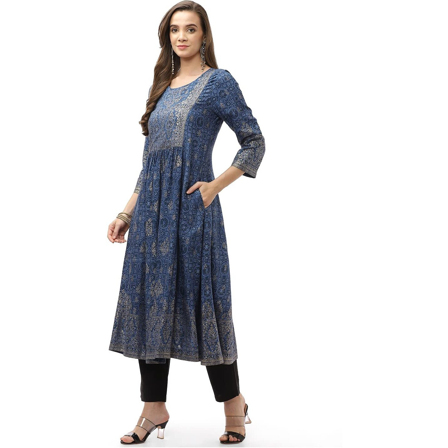 Biba Women Rayon Printed Regular Fit Mix And Match Kurta(Ajrakh18416_Blue_38)