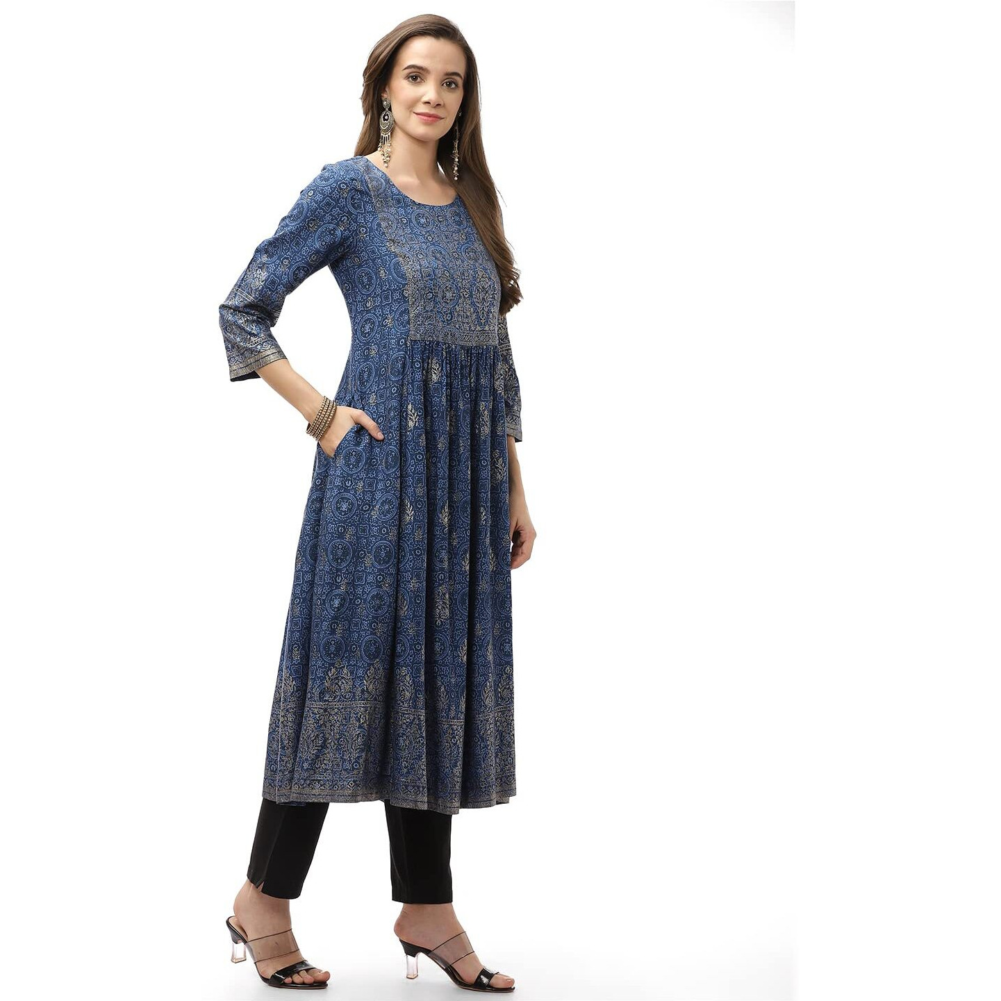 Biba Women Rayon Printed Regular Fit Mix And Match Kurta(Ajrakh18416_Blue_38)