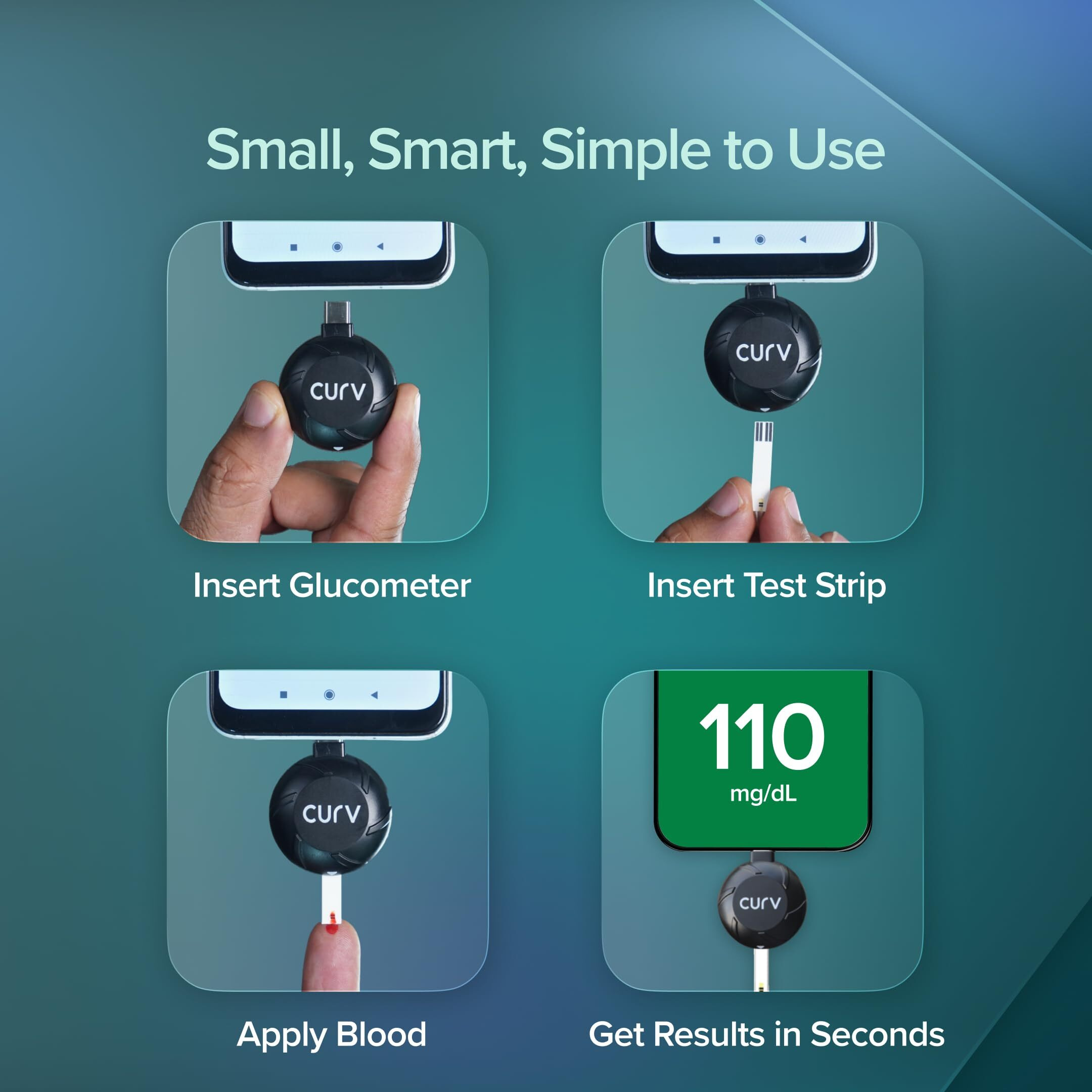 Beato Curv Sugar Test Machine | Free 10 Strips & 10 Lancets (Type-C Usb Connector) | Simple & Accurate Testing Of Blood Sugar Levels At Home |Smartphone Connected Glucometer Machine | Android Only | Iso Certified Made In India