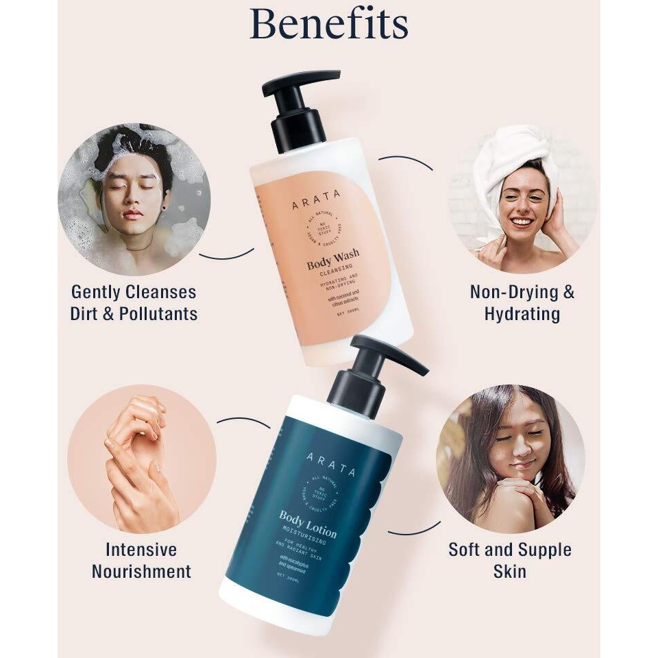 Arata Natural Body Care Set For Women & Men With Body Lotion (300 Ml) & Body Wash (300 Ml) || All-Natural, Vegan & Cruelty-Free || For Intensive Nourishment & Toxin-Free Cleansing