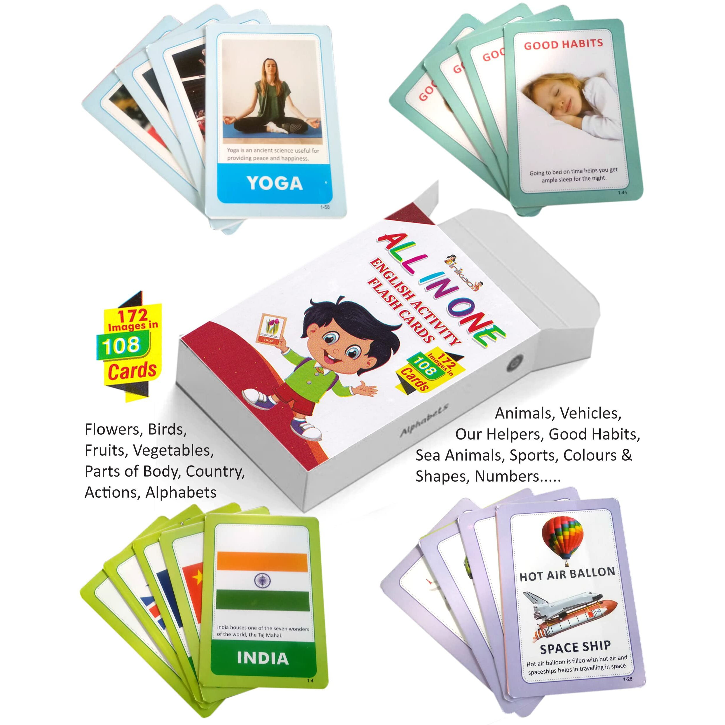 Inikao All In One English Activity Cognitive_Skills Flash Cards Combo Collections For Early Learning (Abcd Alphabets & General Knowledge 150+ Pictures In 108 Flashcard For Kids Age 2 Years+ Old)