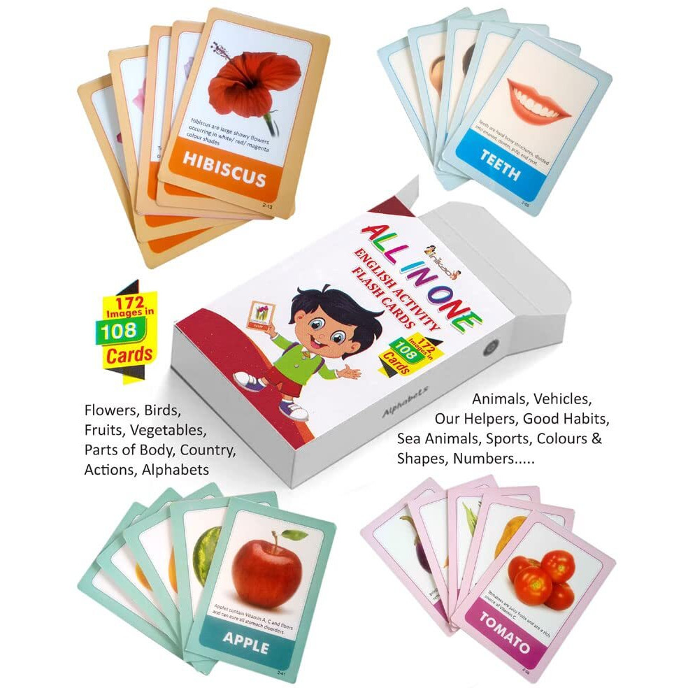 Inikao All In One English Activity Cognitive_Skills Flash Cards Combo Collections For Early Learning (Abcd Alphabets & General Knowledge 150+ Pictures In 108 Flashcard For Kids Age 2 Years+ Old)