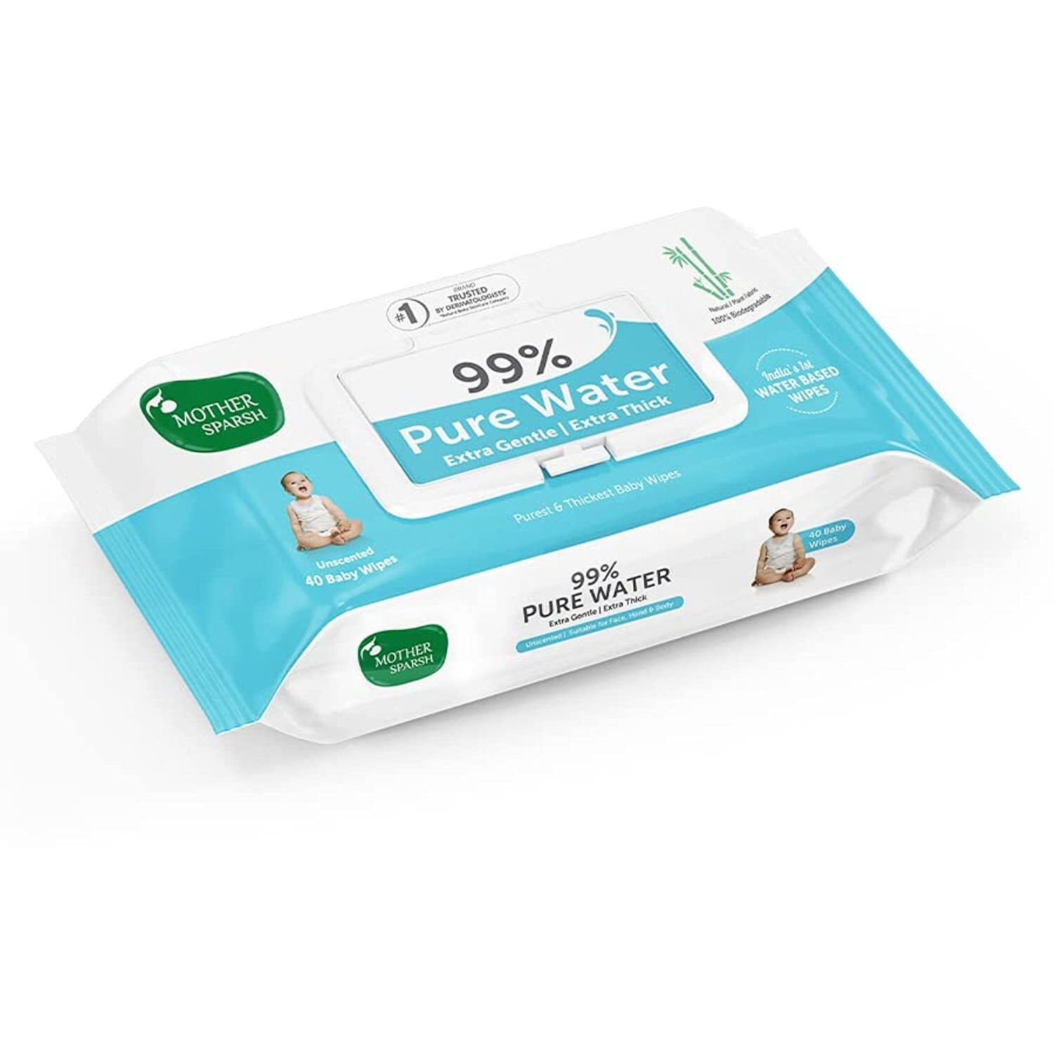 Mother Sparsh 99% Pure Water Baby Wipes (40 Unscented Wipes) Travel Friendly Pack Made With Plant Based Fabric