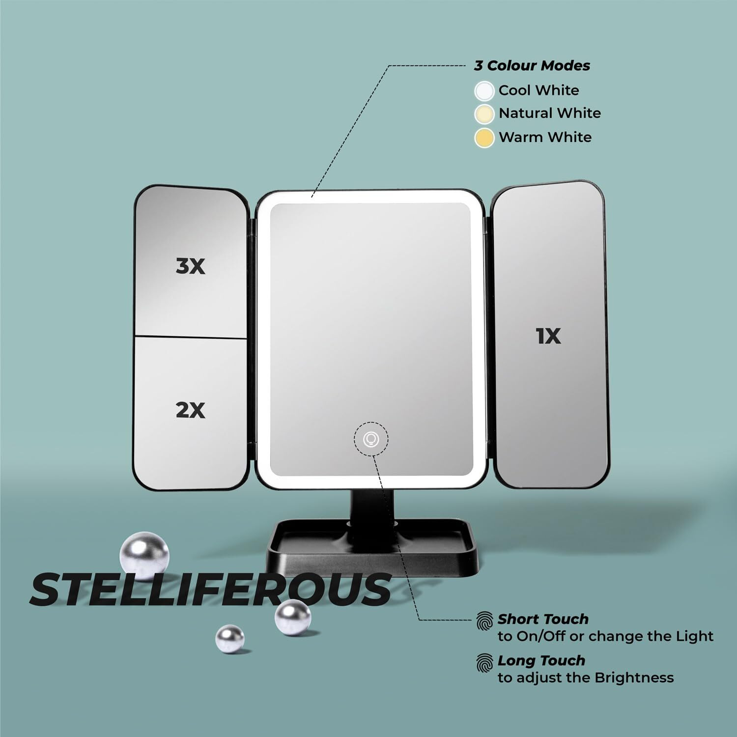 Stelliferous 3X Trifold Makeup Mirror With Adjustable Led Lights | 3 Colour Led Usb Rechargeable | Magnifying Vanity Mirror For Home And Beauty Salon (Black)