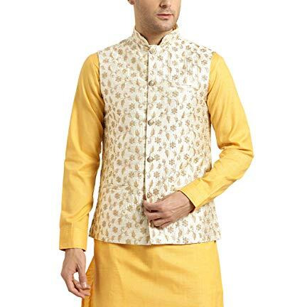 Sojanya (Since 1958, Mens Silk Blend, Cream & Gold Embroidered Nehru Jacket, Size 38