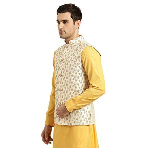 Sojanya (Since 1958, Mens Silk Blend, Cream & Gold Embroidered Nehru Jacket, Size 38