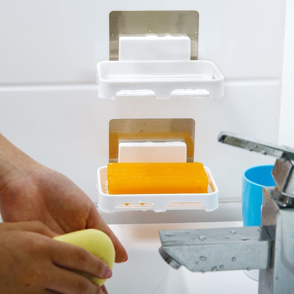 Satpurush 4 Pack Wall Mounted Bathroom Shelf Organizer, 2 Shelf + 2 Soap Dish, Modern Style, White, Plastic, Super Adhesive, Water Resistant