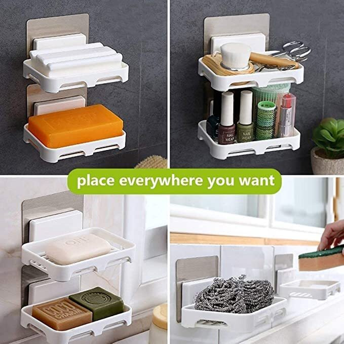 Satpurush 4 Pack Wall Mounted Bathroom Shelf Organizer, 2 Shelf + 2 Soap Dish, Modern Style, White, Plastic, Super Adhesive, Water Resistant