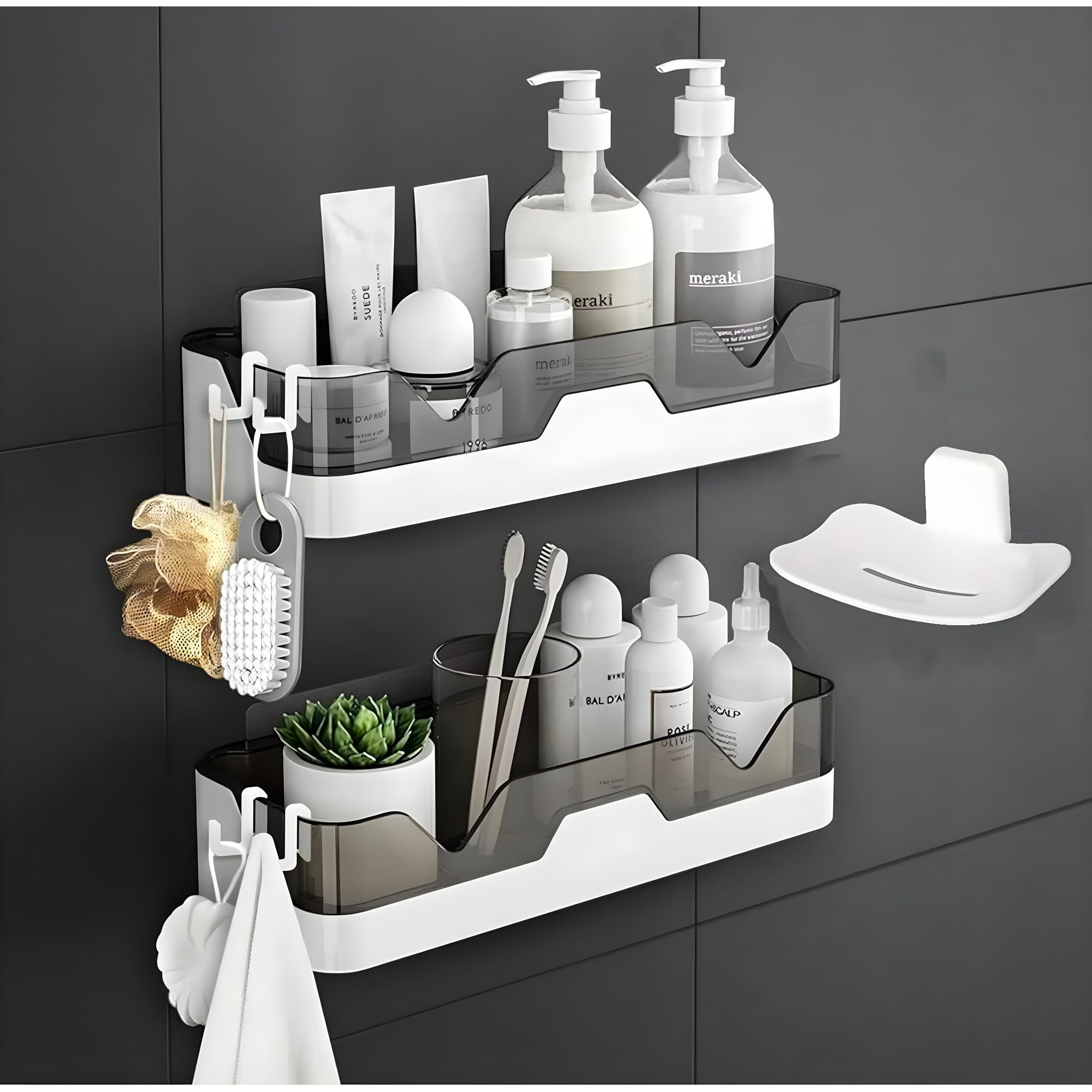 Satpurush Plastic Bathroom Accessories, Bathroom Rack, Bathroom Shelf Organizer, Wall Mounted Shelf, Bathroom Hardware & Accessories, Storage Racks (3 Pack, Bath Shelf With Soap Dish & 4 Hook) White