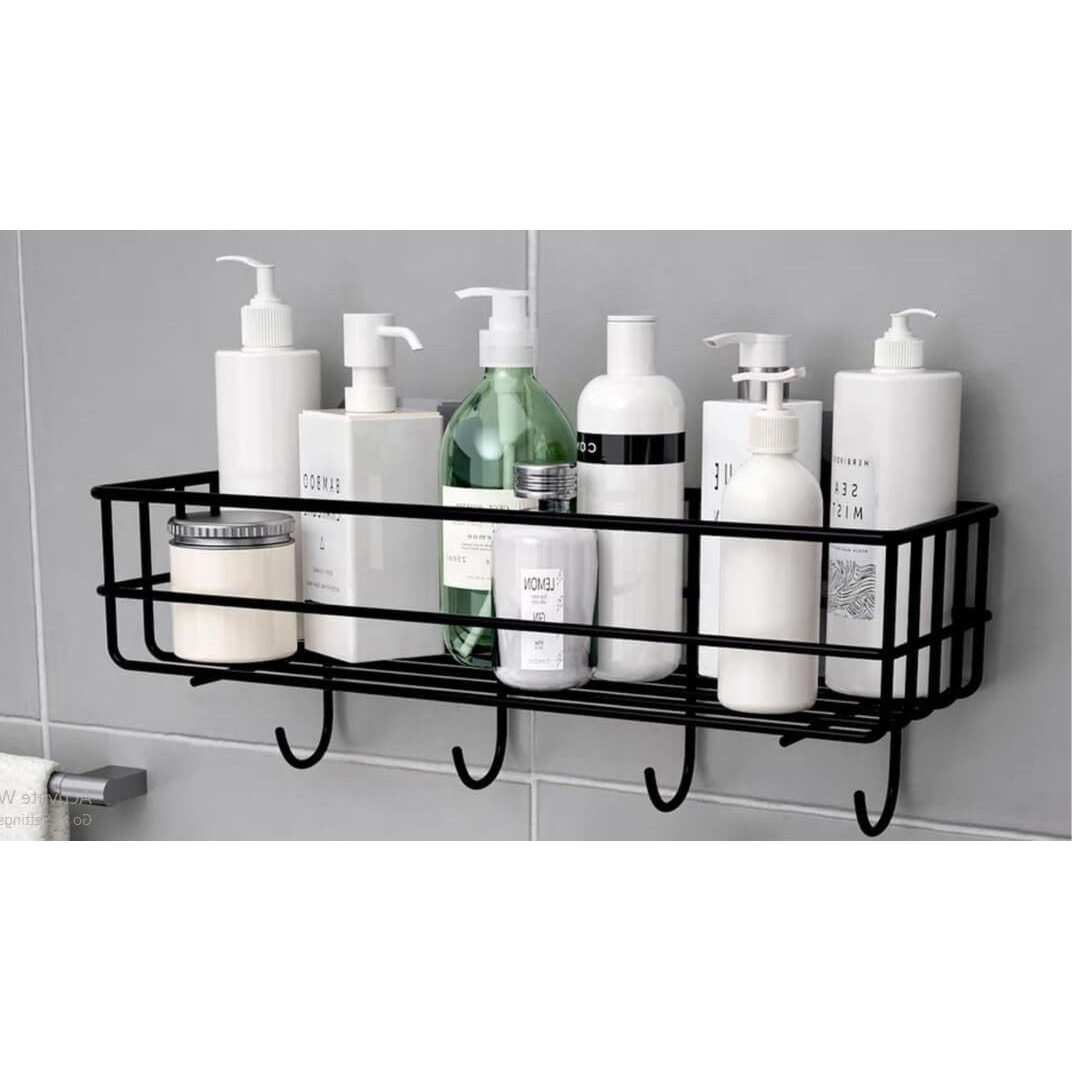 Greemito Bathroom Rack - Bathroom Shelves - Kitchen Storage  Multipurpose Rack Shampoo Holder With 4 Hook - Adhesive Shower Caddy Metal Shelf Without Drilling (Black)