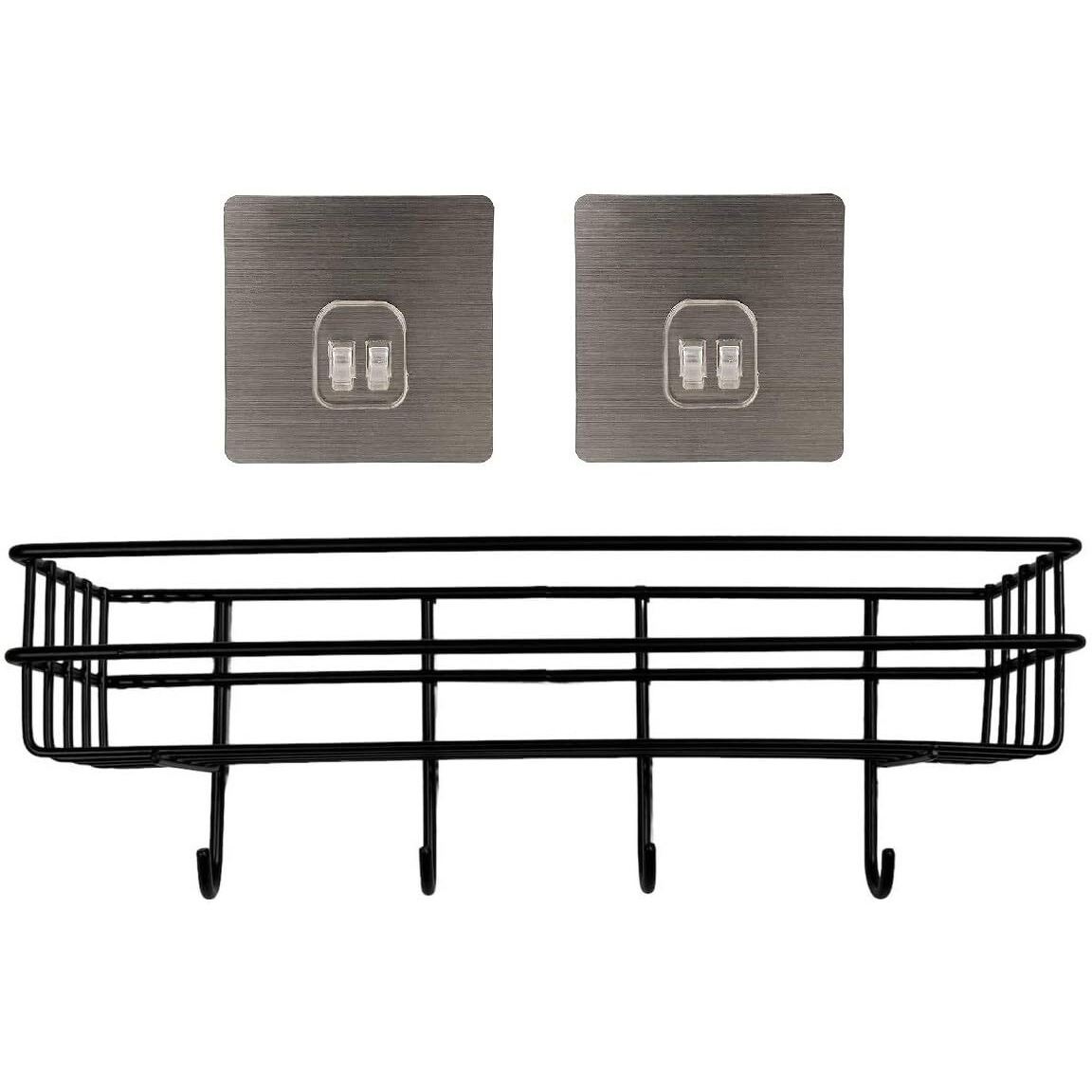 Greemito Bathroom Rack - Bathroom Shelves - Kitchen Storage  Multipurpose Rack Shampoo Holder With 4 Hook - Adhesive Shower Caddy Metal Shelf Without Drilling (Black)