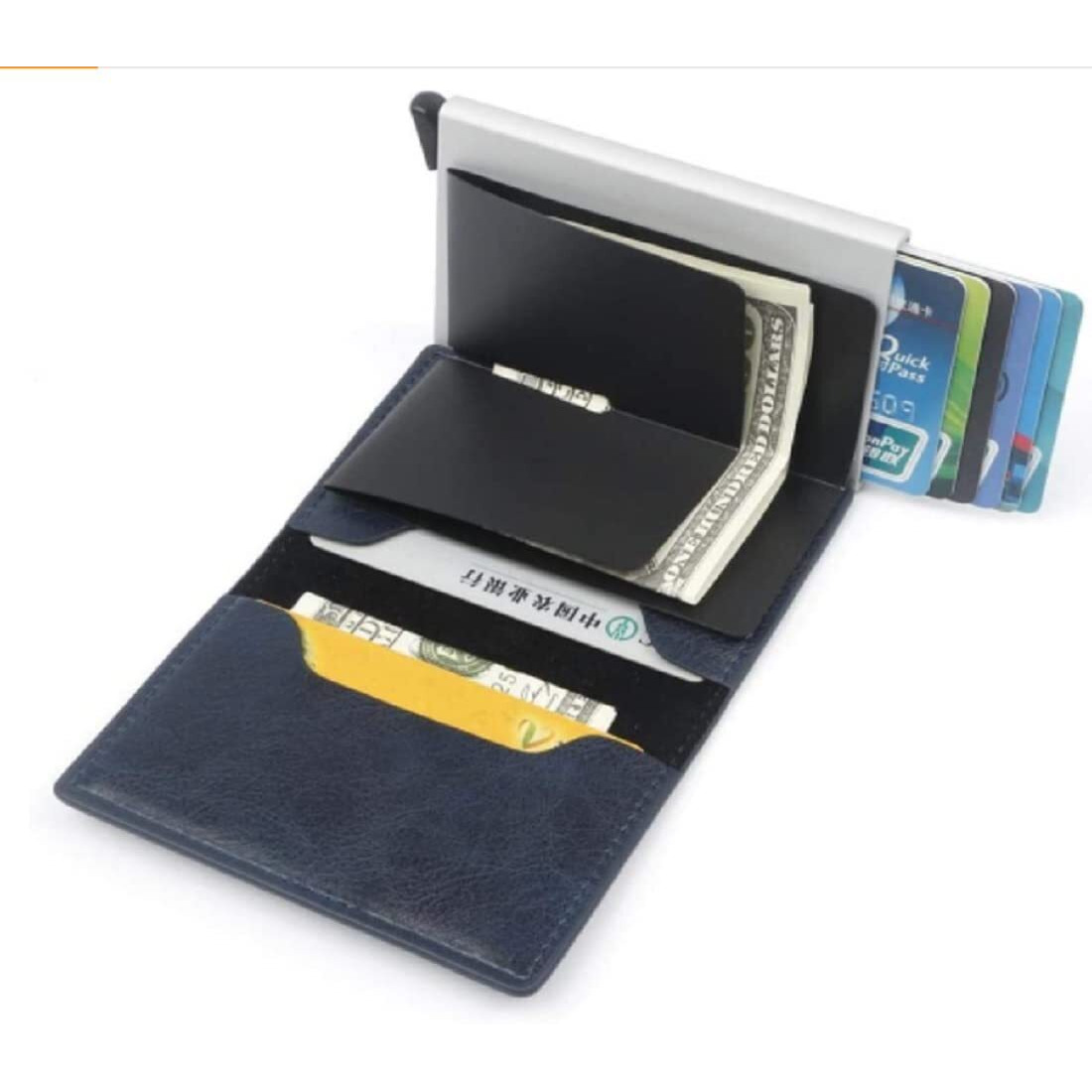 Vogard Men's Genuine Leather Wallet | Rfid Blocking Aluminum Automatic Pop Up Credit Card Holder Case | 8 Card Slots (24 Blue)