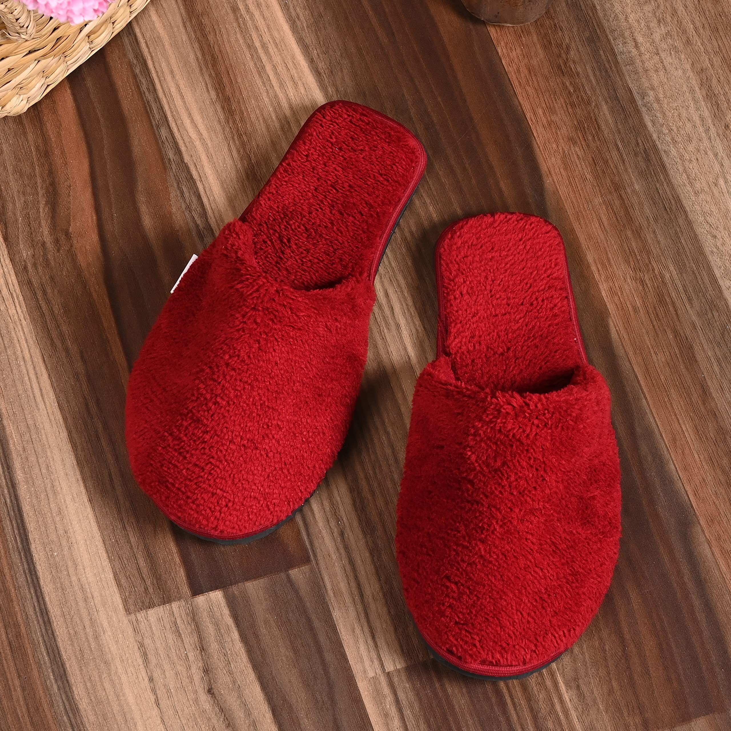 Mifuzi Women's Furry Fur Slippers For Home House Bedroom Room Indoor Carpet Cozy Comfortable Closed Toe Soft Sole Fluffy Fuzzy Plush Warm Cloth Woolen Winter Slippers Red 6