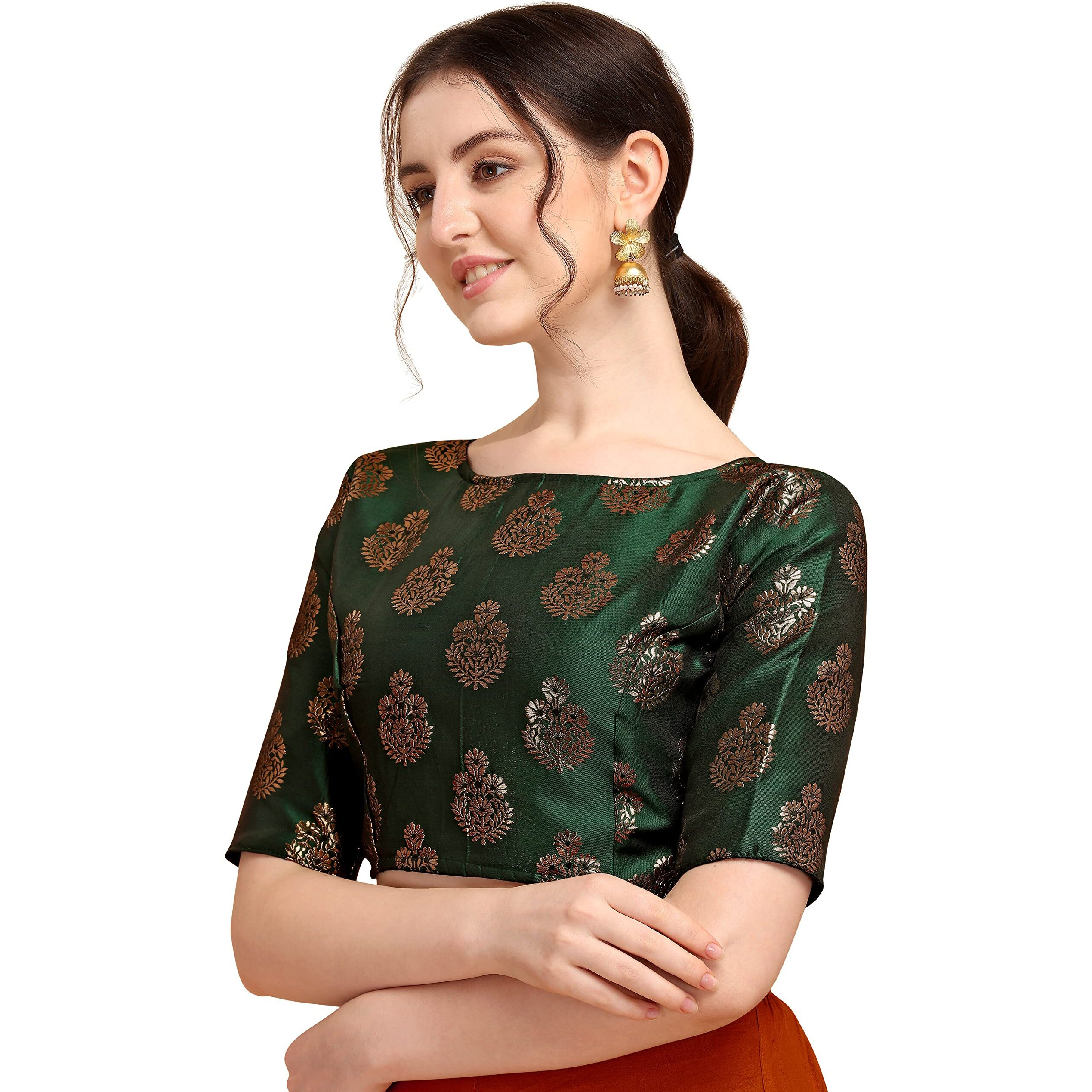 Oomph Women's Indian Ethnic Wear Designer Floral Pattern Zari Work Boat Neck Half Sleeve Readymade Non - Padded Blouse For Saree And Lehnga And Palazzos Or Skirts For A Fusion Twist.