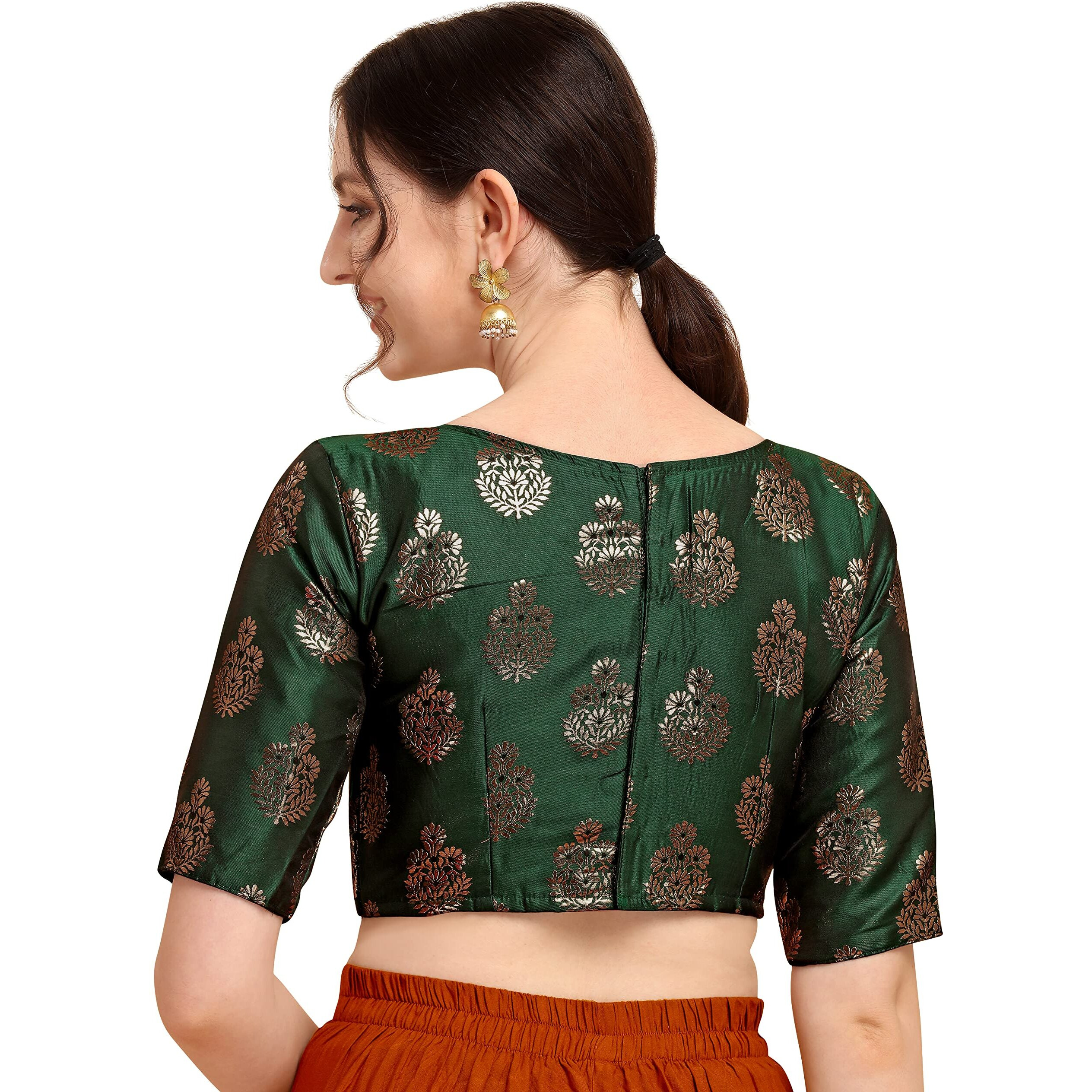 Oomph Women's Indian Ethnic Wear Designer Floral Pattern Zari Work Boat Neck Half Sleeve Readymade Non - Padded Blouse For Saree And Lehnga And Palazzos Or Skirts For A Fusion Twist.
