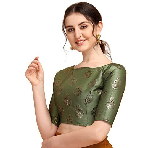 Oomph Women's Indian Ethnic Wear Designer Floral Pattern Zari Work Boat Neck Half Sleeve Readymade Non - Padded Blouse For Saree And Lehnga And Palazzos Or Skirts For A Fusion Twist.
