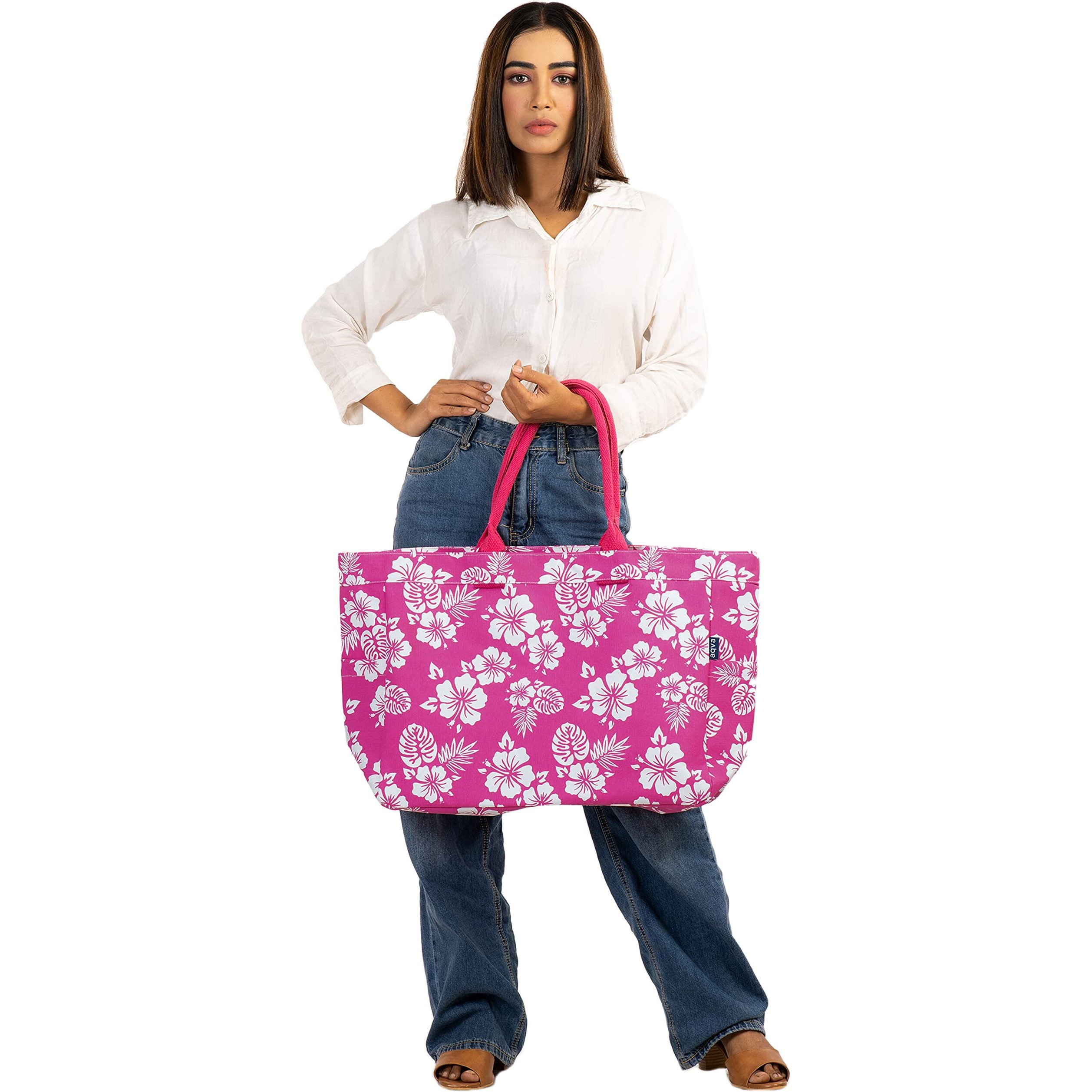 Aqva Stripe Printed Tote Bag For Women | Ladies Casual Handbag For Shopping, Travel With Top & Inner Zip Pocket | Versatile Trendy Handbag For College Girls (Jardin Hot Pink)