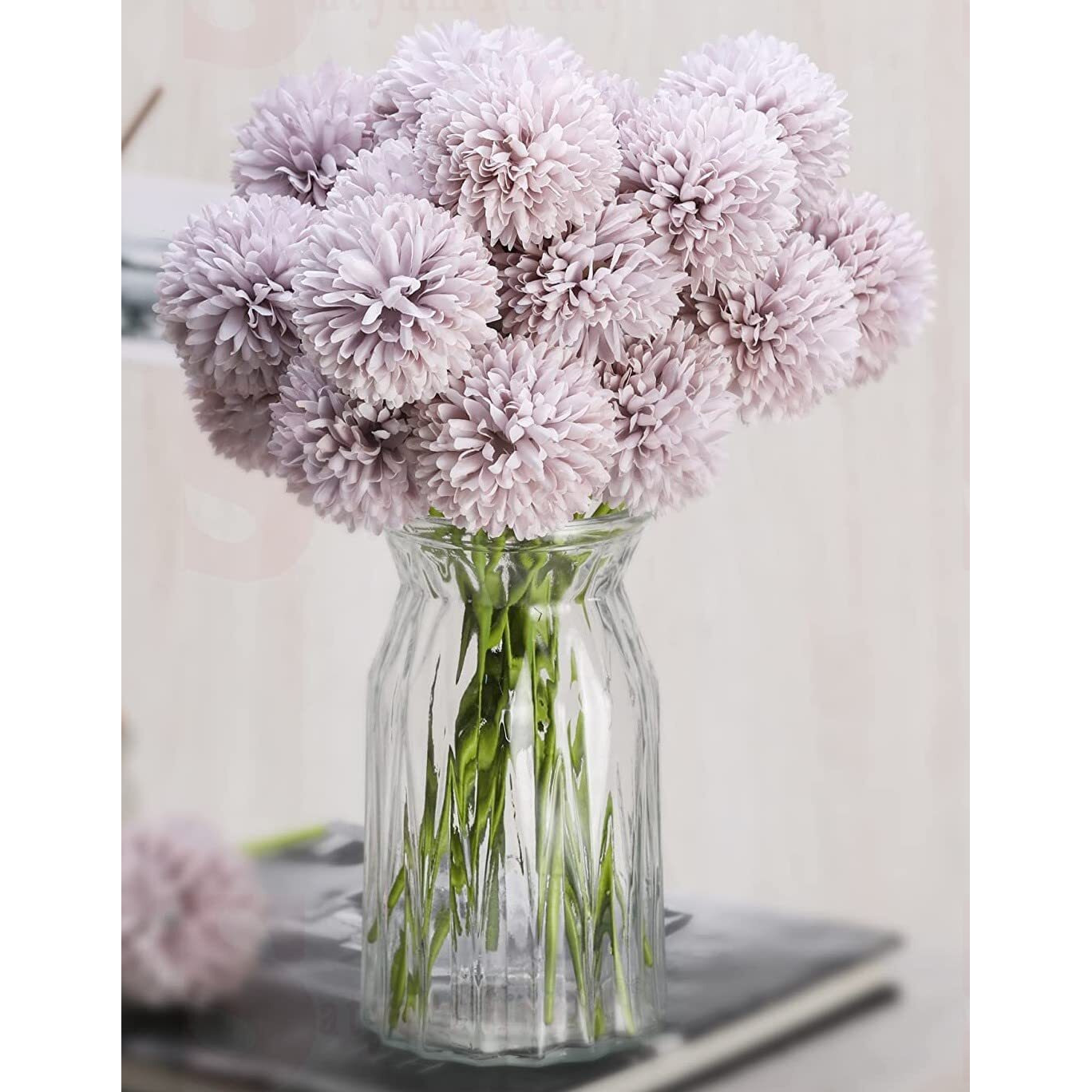 Satyam Kraft 5 Pcs Artificial Chrysanthemum Hydrangea Ball Flower Sticks For Home, Office, Bedroom, Balcony, Living Room, Wedding & Craft Decoration (Fabric, Without Vase) (Silver Mauve)