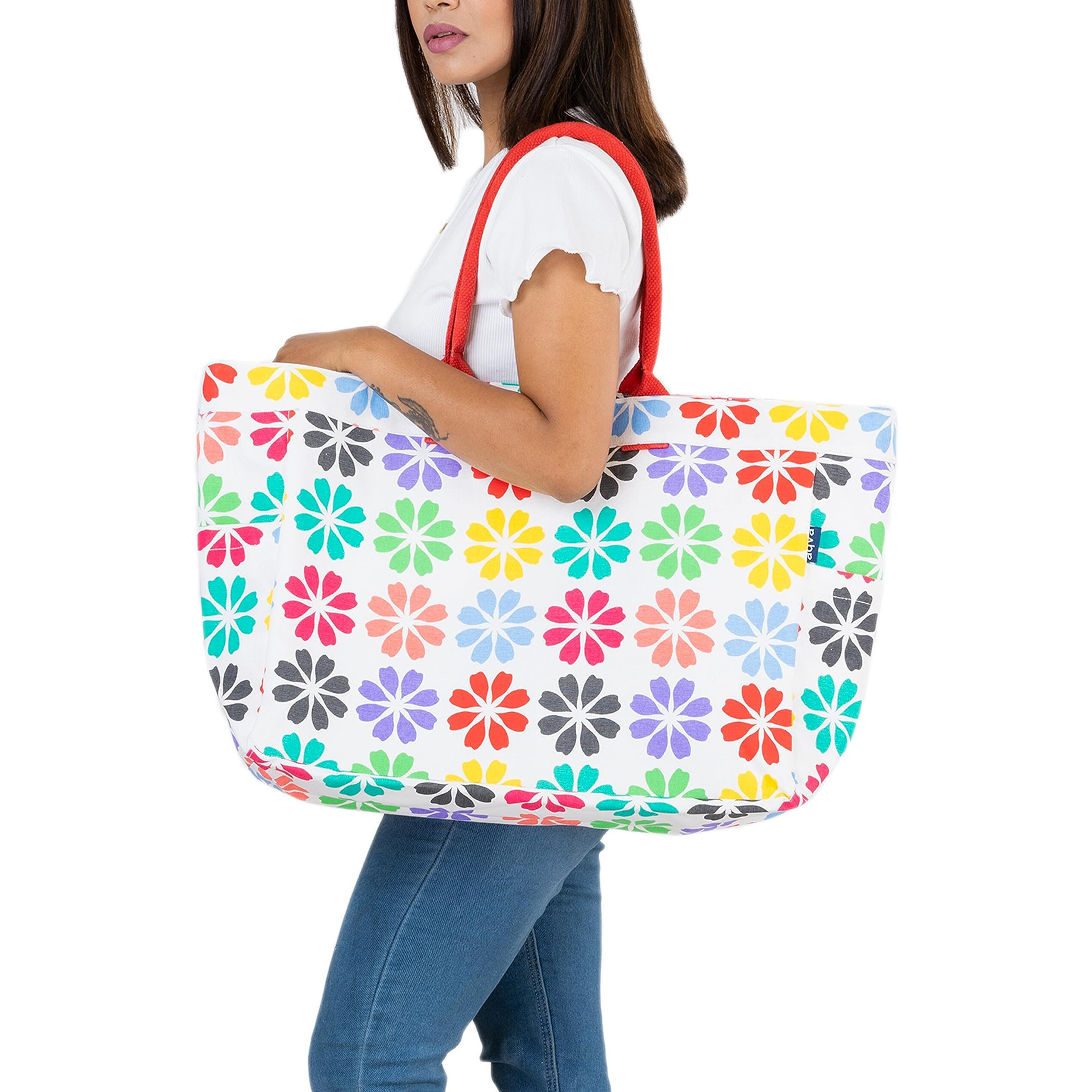 Aqva Stripe Printed Tote Bag For Women | Ladies Casual Handbag For Shopping, Travel With Top & Inner Zip Pocket | Versatile Trendy Handbag For College Girls (Dainty Flower)