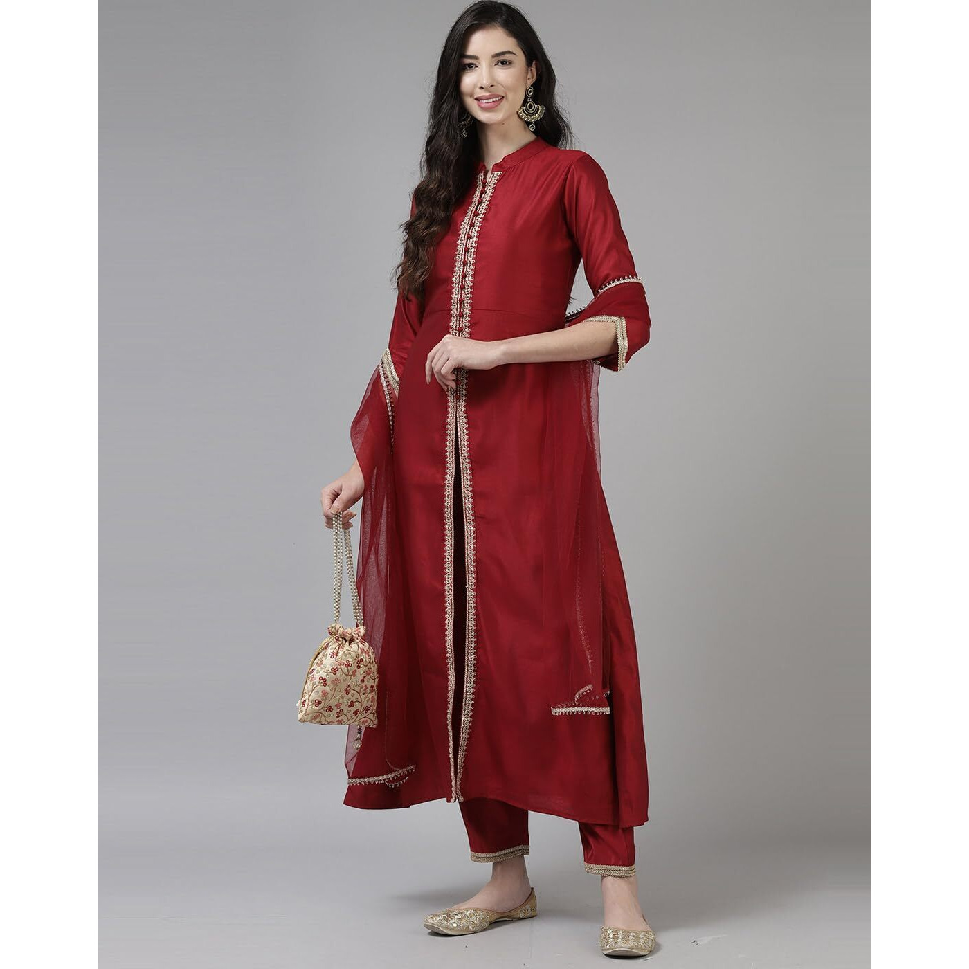 Indo Era Women's Viscoseembroidered Straight Kurta Trouser With Dupatta Set (Kd9Rd3745Xxl_Red_2Xl-Size)