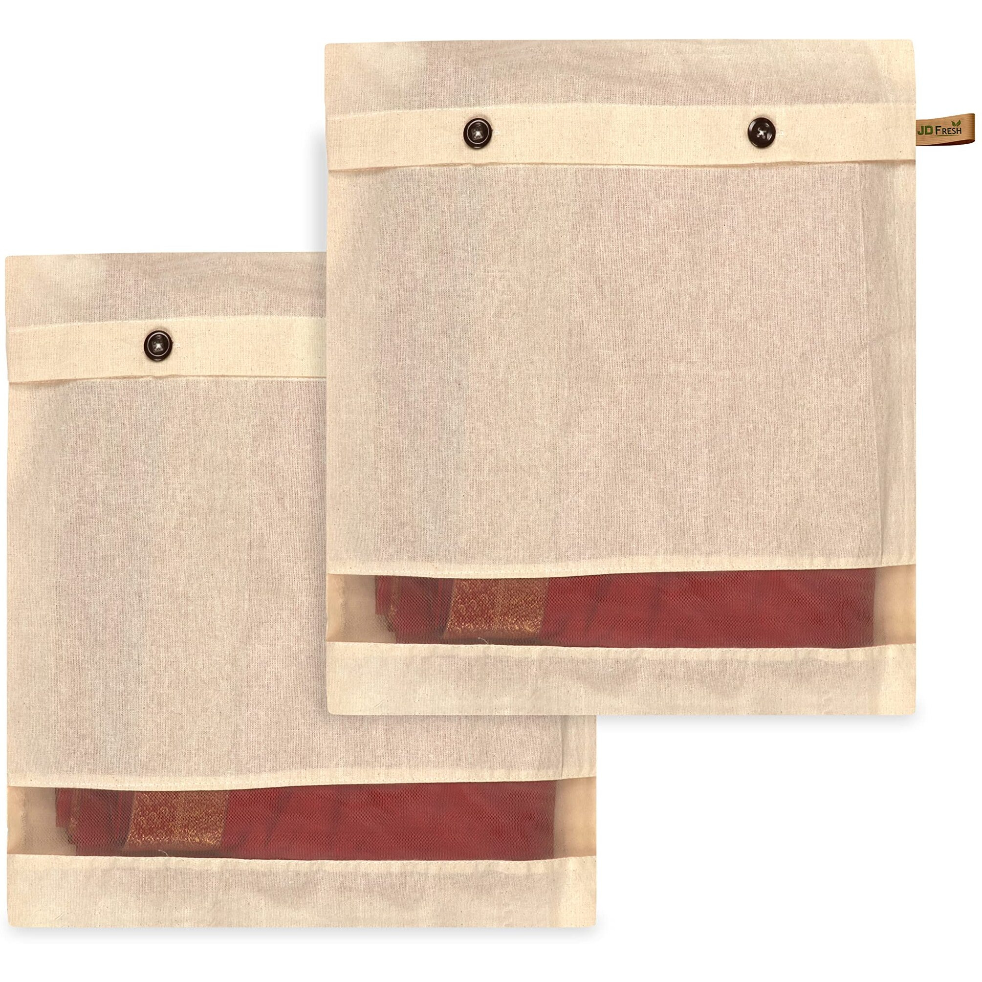 Jd Fresh 2 Pcs Cotton Saree Covers/Storage Bags With Zip/Space Saving Bag With Mesh Window/Wardrobe-Cupboard Organizer/Holds 2 To 3 Sarees Each/Clothes Organizer For Travelling(14 X 16 Inch/Brown)