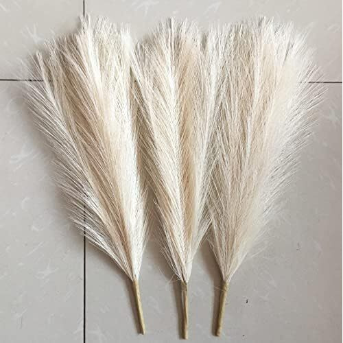 Satyam Kraft 3 Pcs Small Faux Pampas Grass | Fluffy Artificial Flowers For Home, Office, Bedroom, Wedding & Festival Dcor (Off-White, Without Vase/Pot)