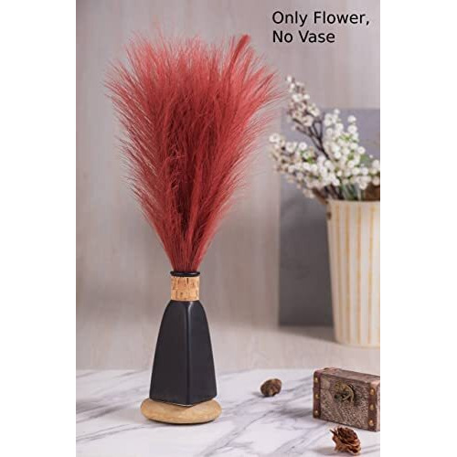 Satyam Kraft 3 Pcs Small Faux Pampas Grass | Fluffy Artificial Flowers For Home, Office, Bedroom, Wedding & Festival Decor (Dark Red, Without Vase/Pot)