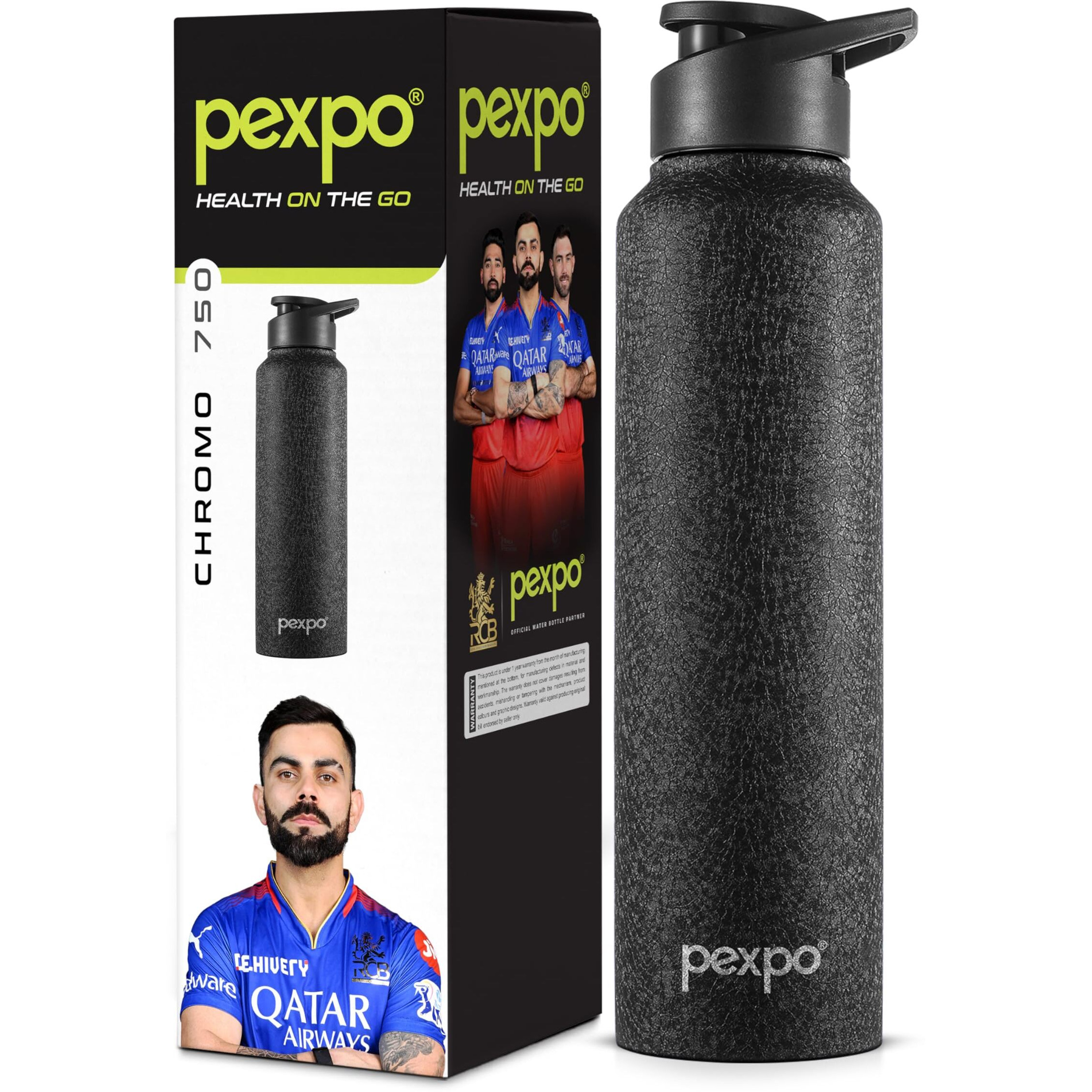 Pexpo Chromo Pro Stainless Steel Sports/Fridge Sipper Water Bottle 750Ml, Black | Eco Friendly | Water Bottle For Office, Gym, School, Yoga, Trekking, Men, Women And Kids | Rcb Edition