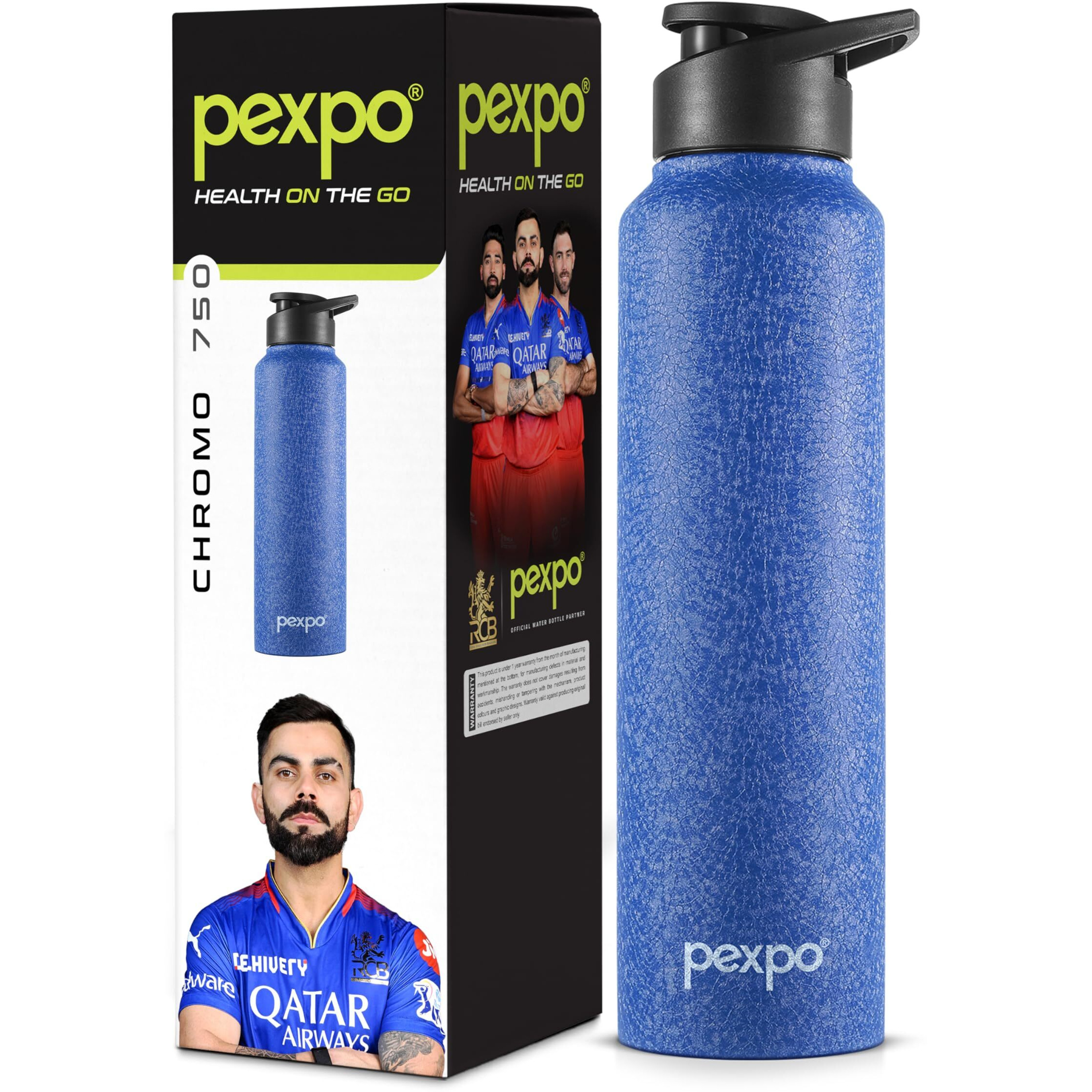 Pexpo Chromo Pro Stainless Steel Sports/Fridge Sipper Water Bottle 750Ml, Blue | Eco Friendly | Water Bottle For Office, Gym, School, Yoga, Trekking, Men, Women And Kids | Rcb Edition