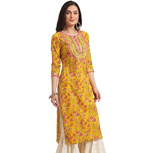 Rytras Women's Cotton Printed Straight Kurti (Xx-Large) Yellow
