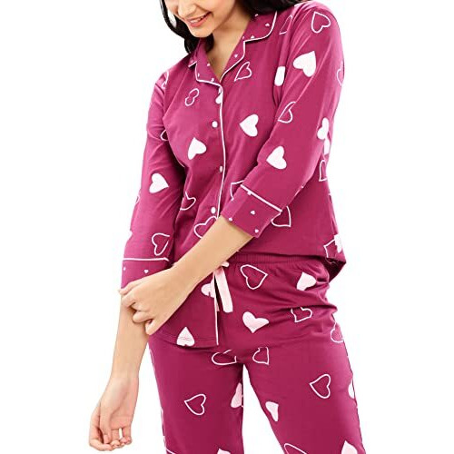 Zeyo Women's Cotton Heart Printed Stylish Night Suit Set Of Shirt & Pyjama 5615 Purple