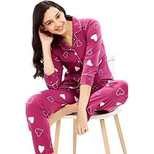 Zeyo Women's Cotton Heart Printed Stylish Night Suit Set Of Shirt & Pyjama 5615 Purple